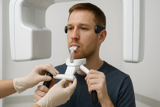 Photorealistic patient undergoing panoramic dental X-ray (orthopantomograph/OPG) in exam room, patient holding side handles with chin on rest and bite block in mouth, temple supports engaged