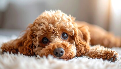 A close-up of a small, curly-haired canine resting on a soft surface