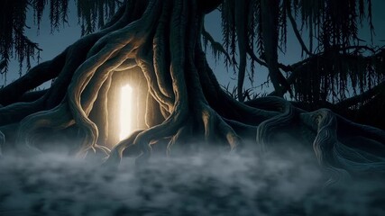 Mysterious glowing portal in enchanted forest tree amidst fog - Powered by Adobe