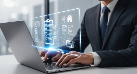 Futuristic Businessman Using Laptop with Digital Checklist Interface