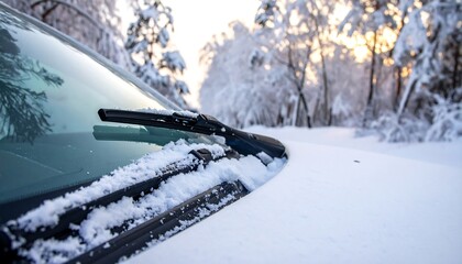 A car's windshield with wiper blades, covered in fresh, white snow