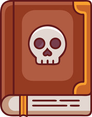 Illustration of a brown book with a skull emblem on the cover, bordered with orange designs. The book has a mystical, ominous tone.