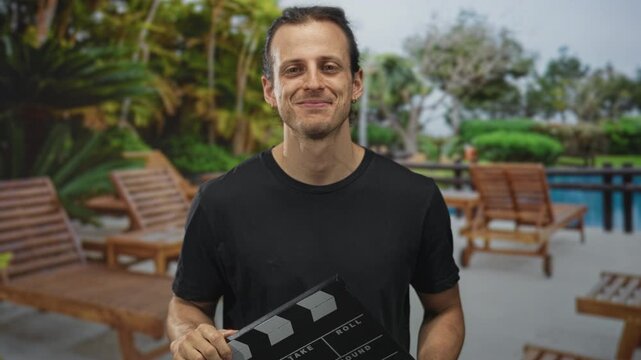 Man holding clapperboard at resort pool with both hands and slight smile, wearing black t shirt on hotel deck; creative confidence.