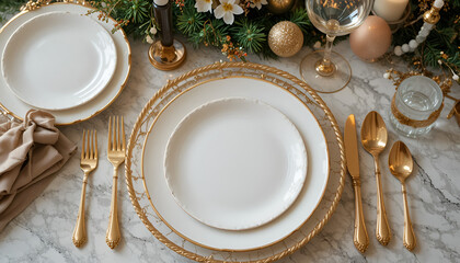 Elegant white plate with gold rim table setting