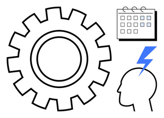 Gear, calendar, and lightning bolt above human head symbolizing productivity, innovation, and planning. Ideal for management, engineering, brainstorming, organization scheduling creativity