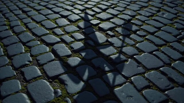 Shadows of people walking on historic cobblestone street in urban setting