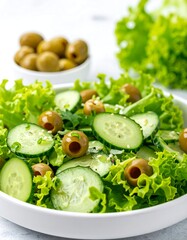 A close-up of fresh salad with olives and cucumbers, ready to eat