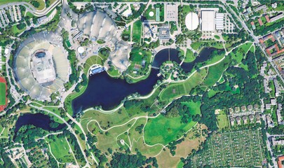 Olympiapark, Munich, Germany: Aerial View of Iconic Tented Roof Architecture and Olympic Sports Facilities
