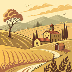 Tuscan Countryside Landscape: Golden Wheat Fields and Rolling Hills
