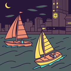 Two Sailboats on City Water at Night
