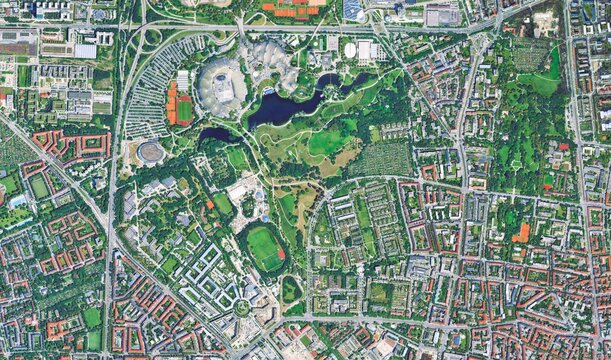 Olympiapark, Munich, Germany: Aerial View of Iconic Tented Roof Architecture and Olympic Sports Facilities