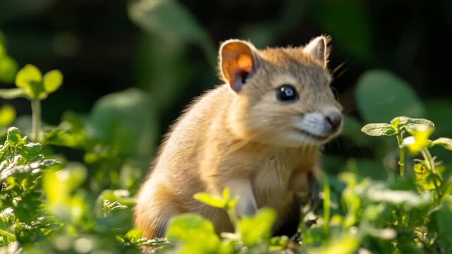 Adorable Small Rodent Standing Upright in Lush Green Foliage, Capturing a Moment of Wildlife in Nature.