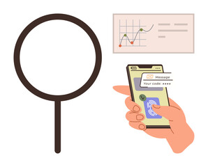 Magnifying glass, hand holding phone with fingerprint scan and security code, graph for data insights. Ideal for technology, analysis, security, innovation, authentication, research simple flat