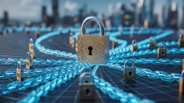 Golden Padlock Centered on Blue Glowing Chains with Cityscape Background Representing Digital Security