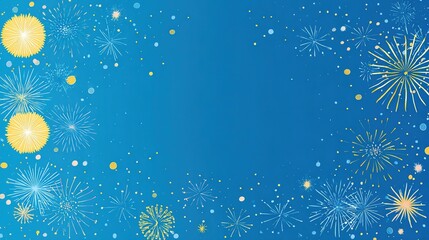  a blue background with fireworks and stars, a simple vector illustration style, a flat design, a minimalist style, with white space on the left side of the screen, a blue gradient background