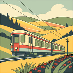Vintage Train Journey Through Rolling Hills