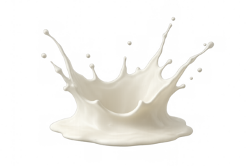Milk splash forming a beautiful crown shape with liquid droplets separating. Fresh white dairy beverage on transparent background