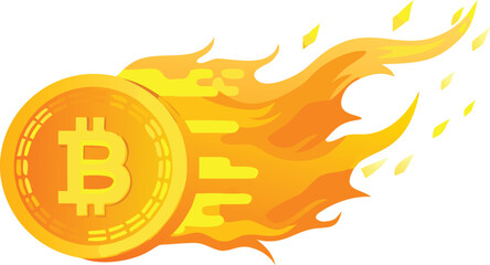 Gold bitcoin with a Bitcoin symbol on it, depicted as a meteor with bright orange flames trailing behind, suggesting rapid movement and energy.