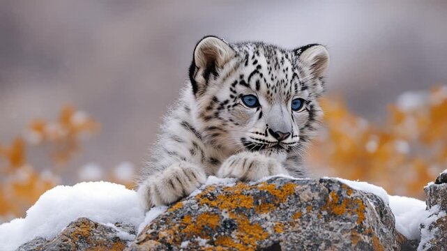 Adorable Snow Leopard Cub Peeking Over Rocks in Snowy Landscape.