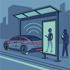 Woman at a Smart Bus Stop with Electric Vehicle