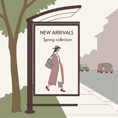 Woman Walking Past a Spring Fashion Advertisement at a City Bus Stop