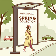 Woman in Yellow Coat Walking Past Spring Collection Ad at Bus Stop