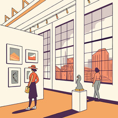 Women View Artwork in Modern Art Gallery with City View