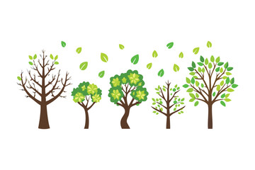 Nature's Embrace: A vibrant scene showcases a diverse collection of trees, each standing tall with lush green foliage, while scattered leaves dance freely in the air.