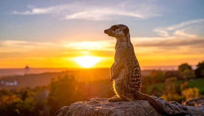 A meerkat observing the sunrise from a rocky outcrop