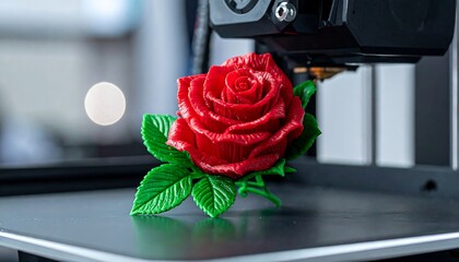 A close-up shows a 3D-printed red rose with green leaves and the printer