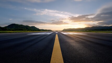 Naklejka premium Realistic and Illuminated Airport Runway at Dawn with Mountainous Background and Soft Clouds Reflecting the Early Morning Light