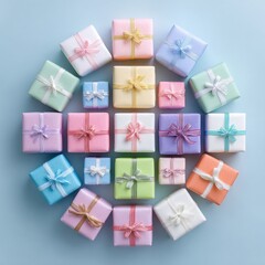 Colorful Wrapped Gifts in Circular Arrangement on Blue Background