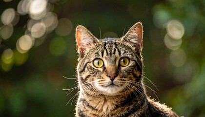 Close-up portrait of a tabby cat with yellow eyes, green background