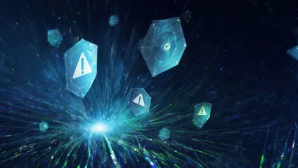 Abstract digital artwork featuring glowing blue energy and warning symbols scattered in space