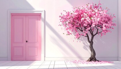 A room with a pink door and a blossoming cherry tree