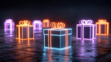 Neon Gift Boxes on Wet Surface with Dramatic Lighting Effects