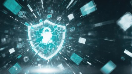 Abstract digital shield with a lock, surrounded by data symbols, implying network security