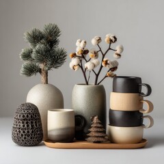 Modern Minimalist Arrangement of Decorative Items and Mugs