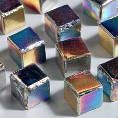 Colorful metallic cubes with reflective surfaces on a white background