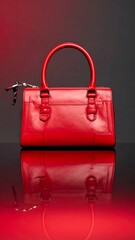 A vibrant, glossy red handbag with elegant dual handles