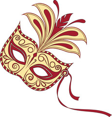Elegant Venetian carnival mask in gold and burgundy with intricate patterns and ornate plumes, evokes a sense of mystery and celebration.