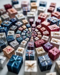 Colorful Gift Boxes Arranged in Spiral Pattern on White Background