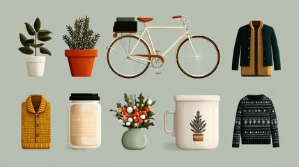 Cozy Autumn Collection with Bicycle, Plants, and Fashion Items