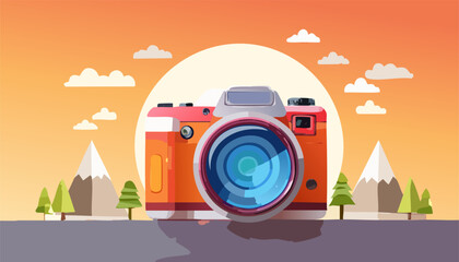 Outdoor Nature Photography Concept with Retro Camera and Mountain Sunset Landscape - Generated by AI