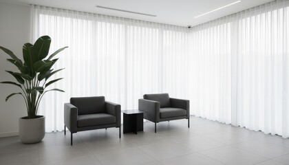 Fototapeta premium Comfortable lobby seating area with plant and large window, reception area furniture