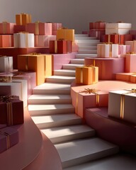 Colorful Gift Boxes on a Decorative Staircase for Celebrations