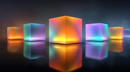 Colorful Glowing Cubes Reflecting on Dark Background in Futuristic Scene