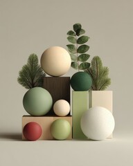 Abstract Composition of Shapes and Natural Elements on Beige Background