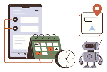 Tablet with checklist, calendar highlighting scheduled tasks, clock for time tracking, map for navigation, and a robot for automated support. Ideal for productivity, time management, technology