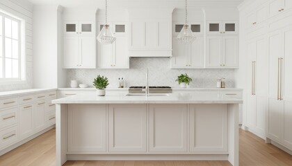 Fototapeta premium White shaker kitchen with island, herringbone tile backsplash, and warm wood flooring